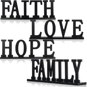 4 Pieces Love Faith Hope Family Wood Word Sign Black Wooden Cutout Letter Table Sign Rustic Letter Tabletop Decorations Freestanding Wood Sign for Home Room Fireplace Table Centerpiece Decoration