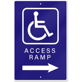 Handicap Access Ramp Sign 8 X 12 Inch Aluminum Waterproof Right Arrow Direction Signage Reflective ADA Accessibility Symbol Wheelchair Signs