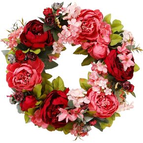 Spring Peony Flower Wreath for Front Door,16 Inch Artificial Silk Peony Wreath with Green Leaves, Summer Floral Garland for Wedding Party Home Wall Decor,Red
