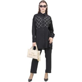 Women's Two Piece Outfits Set Long Sleeve Button Down Shirt with Stone and Long Pant