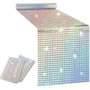 Whaline 71 x 12 Inch Glitter Disco Party Table Runner Iridescence Silver Mirror Table Cloth Decoration Retro Table Cover for 70s 80s Theme Disco Ball Birthday Bachelorette Dance Party Supplies