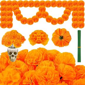 Labeol 50PCS Marigold Flowers Artificial Marigold Flowers Heads Bulk Mexican Decoration Silk Orange Marigold Garland with Stems for Day of The Dead Halloween Diwali Party Decorations Home Decor
