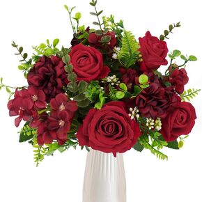 XHXSTORE باقة زهور صناعية تشكيلة زهور حريرية زهور صناعية حمراء ورود وهمية مع كوبية لديكور المنزل في عيد الأب ديكور تحف الزفاف الداخلي in Kuwait