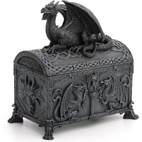 Veronese Design 7.25" Tall Dragon Chest Decorative Trinket Box Resin Sculpture Black Stone Finish Statue Figurine Dungeons and Dragon Dice Box