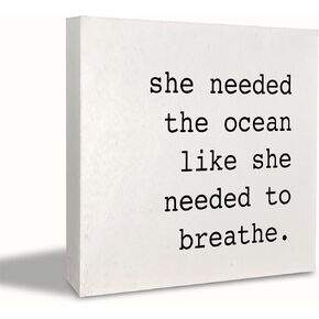 Summer Desk Decor,She Needed the Ocean Like She Needed to Breathe Rustic Summer Wood Block Plaque Box Sign Desk Decor for Beach House Home Wall Tabletop Shelf Decorations