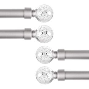 KNOBWELL 4 Pack 1" Nickel Single Rod with Bubble Glass Ball Finials, Clear Ball Cafe Telescoping Drapery Rod Set, 22"-48", Satin Nickel Cafe Window Rods