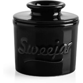 Sweejar Porcelain Butter Crock Keeper, French Butter Dish Keeps the Butter Fresh Soft & Spreadable, Serving Butter Easy for Bread Lovers Breakfast Kitchen Counter (Black)