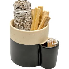 Flora Jane's Smudge Holder Cup with Match Storage - Ceramic Smudge Stick Holder for Sage and Palo Santo, Smudge Bowl with Easy Light Match Striker (Charcoal & Vanilla)