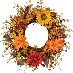 JINGHONG Fall Wreaths for Front Door 22 Inch Artificial Fall Wreath Autumn Flower Wreath with Sunflower Daisy Dahlia Pumpkin for Indoor Outdoor Window Wall Porch Harvest and Thanksgiving Celebration