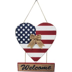 Hanging Patriotc Wooden Heart Wall Decor, Rustic American Flag Welcome Sign 4th July Front Door Wreath Indepence Day Decorations