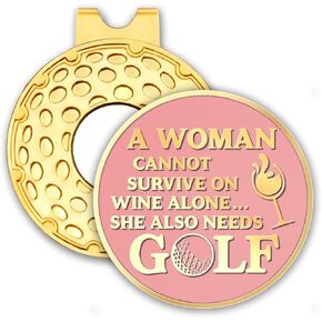 A Woman Cannot Survive On Pink Gold Golf Ball Marker with Hat Clip, Funny Golf Accessories for Women, Christmas Mother's Day Birthday Gifts for Golf Fan Golfer, Novelty Golf Gifts for Her