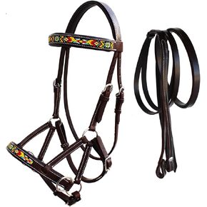 CHALLENGER Horse Western Leather Tack Beaded Bitless Sidepull Bridle Reins Brown 77RS19BR