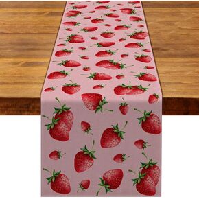 Linen Strawberry Table Runner Rustic Girl Birthday Party Baby Shower Home Dining Room Kitchen Table Decoration (13" x 90")