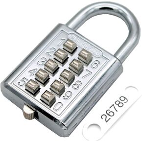 10 Digit Push Button Combination Padlock, 5 Digit Locking Mechanism,Silver