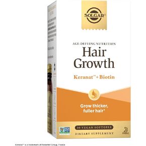 Solgar Hair Growth Age-Defying Nutrition For Men & Women—Thicker Fuller Hair Growth with Keranat Oil, Biotin, Zinc and Copper - One Softgel Daily, Vegan, Dairy, Soy and Gluten Free, 30 Servings