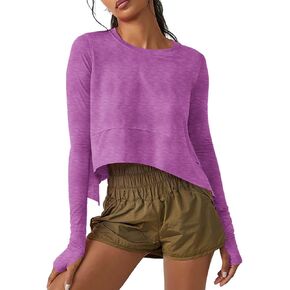Aurgelmir Womens Long Sleeve Cropped Tops Loose Workout Athletic T-Shirts Flowy Sweatshirt for Yoga Tiered Hem Gym Tees