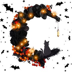 Halloween Wreaths Moon Cat Wreath with Rose Cat Door Wreath Cute Cat Garland Light up Moon Cat Wreath with Rose for Front Door Indoor Outdoor Window Farmhouse Porch Wall (Orange Berry)