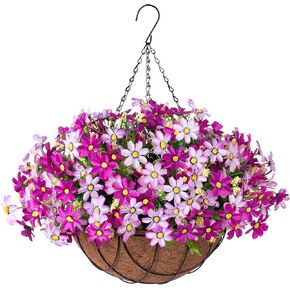 Artificial Flower Hanging Basket for Spring Summer Outdoor Porch Decor，Faux Hanging Plants Silk Chrysanthemum Arrangement in 12 inch Planter Basket for Home Patio Balcony Yard(Purple)