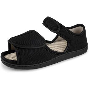 Men's Breathable Diabetic Sandals, Extra Wide Width Adjustable Hook & Loop Open Toe Slippers for Swollen Feet, Edema, Arthritis, Elderly Indoor/Outdoor Black