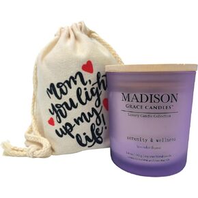 Madison Grace 5.6 oz Scented Soy Wax Candle with Lavender Essential Oil, Frosty Jar Candle with Wooden Lid, Aromatherapy Gift Candle for Mom Birthday, New Mom Baby Shower (Mom Lavender Candle)