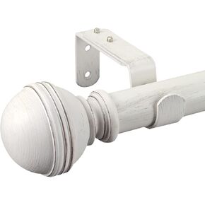 Farmhouse Collection Decorative Single Curtain Rod Set with Round Finials, 72-144 in, Standard Single Drapery Rod for 1 Pack, 1-1/8 in diameter, Adjustable Length, Distressed White