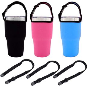 3PCS Tumbler 30oz Carrier Holder Pouch & Shoulder Strap for YETI, Rtic, Atlin, Ozark Trail, Rambler, Neoprene Sleeve with Carrying Handle-(Plaid Red,Pink,Black)