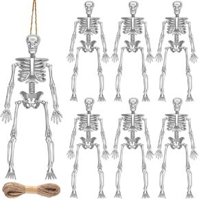 6pcs Halloween Small Skeleton Figurines 6 Inch Plastic Posable Mini Skeletons for Halloween Hanging Decoration Party Favor(Silvery)