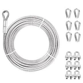 Wire Rope Cable 3/16", 7x19 Strand Core Aircraft Cable with Loop, Sunwuk 10ft with 3800bls Breaking Strength Heavy Duty Steel Cable with Clamp and Thimble for Zipline, Fencing, Sunshade, Deck Railing