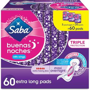 Saba Buenas Noches Maxi Pads Overnight with Wings for Super Heavy Flow, SecureFit Technology and Triple Protection, absorbs, distributes and Protects, 60ct