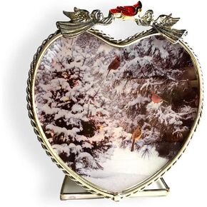 Cardinal Winter Scene Heart Shaped Tealight Candleholder - Snowy Forest with Cardinals - Angels & Red Cardinal Accent - Clear Baseon Measures 4 5/8" x 4 1/8 x 2.5