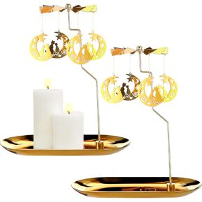 Norme مجموعتان من حامل الشموع الخفيفة الدوارة الدوارة مع صينية ذهبية معدنية لطاحونة الهواء شمعدان دوار للشموع الدائرية لطاولة الزفاف وحفلات الزفاف المركزية هدية تزيين المنزل، قطة القمر الذهبية in Kuwait