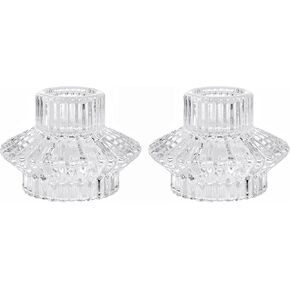 Crystal Glass Taper Tealight & Votive Candle Holders for Weddings, Parties, Christmas, Thanksgiving, and Festive Occasions (Set of 2, Clear, Diamond)