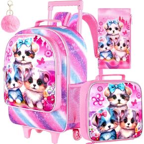AGSDON 3PCS Rolling Backpack for Girls and Boys, Kids Roller Wheels Bookbag, Wheeled Elementary School Bag with Lunch Bag