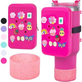 Silicone Water Bottle Pouch for Stanley Cup,Compatible with Stanley Cup Water Bottle Tumbler Pouch Purse Wallet Accessories 10PCS Charms & Boot (Pink)