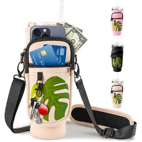 Water Bottle Carrier Bag for Stanley Tumbler 40 oz, Full Metal Hook Water Bottle Holder with Phone Pocket & Adjustable Strap, Water Bottle Pouch for Stanley Cup Accessories