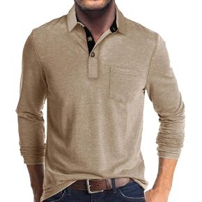 Long Sleeve Polo Shirts for Men with Pocket Cotton
