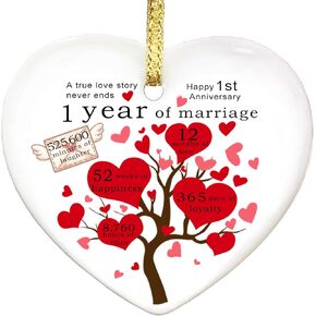 1 Year Anniversary Wedding Ornament for Couple as Mr & Mrs Christmas Ornament 1st Anniversary Ceramic Ornament 1st Marriage Keepsake Decoration Gift for Couple, Parent, Women, Wife, Husband