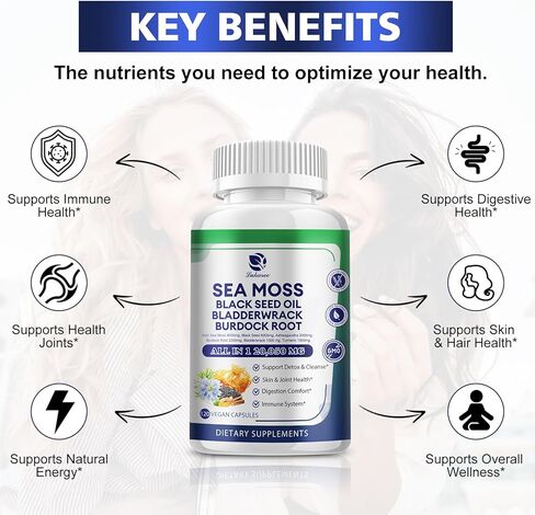 كبسولات طحالب البحر 20,050 مجم مع طحالب البحر الأيرلندية، وزيت الحبة السوداء، والأشواغاندا، وجذور الأرقطيون، ونبات المثانة، والكركم، وفيتامين C D3، ومكملات غذائية فائقة الجودة من طحالب البحر العضوية، 120 كبسولة - نباتية، غير معدلة وراثيًا in Kuwait