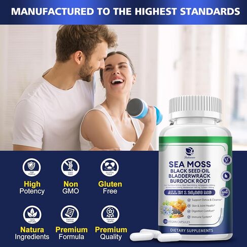 كبسولات طحالب البحر 20,050 مجم مع طحالب البحر الأيرلندية، وزيت الحبة السوداء، والأشواغاندا، وجذور الأرقطيون، ونبات المثانة، والكركم، وفيتامين C D3، ومكملات غذائية فائقة الجودة من طحالب البحر العضوية، 120 كبسولة - نباتية، غير معدلة وراثيًا in Kuwait