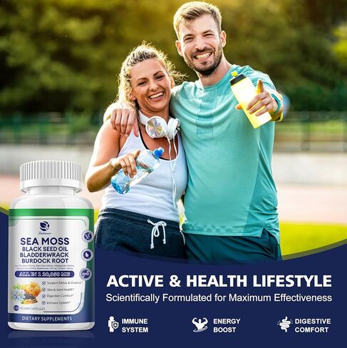 كبسولات طحالب البحر 20,050 مجم مع طحالب البحر الأيرلندية، وزيت الحبة السوداء، والأشواغاندا، وجذور الأرقطيون، ونبات المثانة، والكركم، وفيتامين C D3، ومكملات غذائية فائقة الجودة من طحالب البحر العضوية، 120 كبسولة - نباتية، غير معدلة وراثيًا in Kuwait