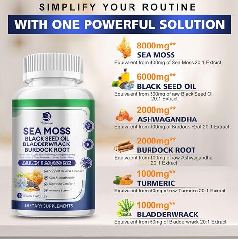 كبسولات طحالب البحر 20,050 مجم مع طحالب البحر الأيرلندية، وزيت الحبة السوداء، والأشواغاندا، وجذور الأرقطيون، ونبات المثانة، والكركم، وفيتامين C D3، ومكملات غذائية فائقة الجودة من طحالب البحر العضوية، 120 كبسولة - نباتية، غير معدلة وراثيًا in Kuwait