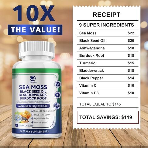 كبسولات طحالب البحر 20,050 مجم مع طحالب البحر الأيرلندية، وزيت الحبة السوداء، والأشواغاندا، وجذور الأرقطيون، ونبات المثانة، والكركم، وفيتامين C D3، ومكملات غذائية فائقة الجودة من طحالب البحر العضوية، 120 كبسولة - نباتية، غير معدلة وراثيًا in Kuwait