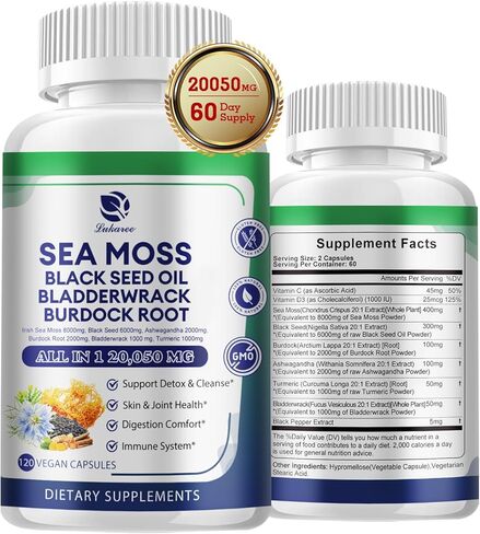 كبسولات طحالب البحر 20,050 مجم مع طحالب البحر الأيرلندية، وزيت الحبة السوداء، والأشواغاندا، وجذور الأرقطيون، ونبات المثانة، والكركم، وفيتامين C D3، ومكملات غذائية فائقة الجودة من طحالب البحر العضوية، 120 كبسولة - نباتية، غير معدلة وراثيًا in Kuwait