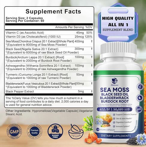 كبسولات طحالب البحر 20,050 مجم مع طحالب البحر الأيرلندية، وزيت الحبة السوداء، والأشواغاندا، وجذور الأرقطيون، ونبات المثانة، والكركم، وفيتامين C D3، ومكملات غذائية فائقة الجودة من طحالب البحر العضوية، 120 كبسولة - نباتية، غير معدلة وراثيًا in Kuwait