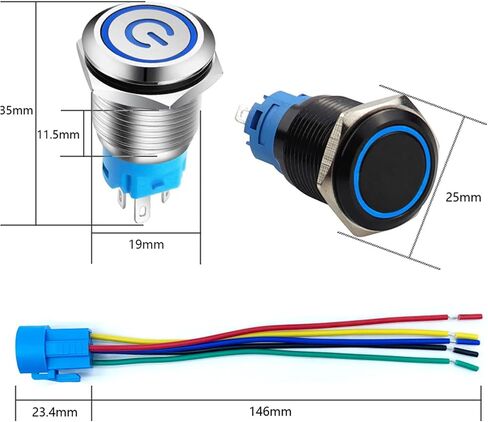 19mm Latching Push Button Switch LED Power Symbol & 19mm Self-Reset Push Button Switch LED Angel Eye Head for 19mm 3/4" Mounting Hole with Wire Socket 12V in Saudi Arabia
