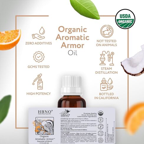 مزيج HBNO Organic Aromatic Armor™ (مقارنة باللصوص) - حجم قيمة 1 أونصة (30 مل) - مزيج الزيوت العطرية الطبيعية - مثالي للتنظيف والعلاج العطري والأعمال اليدوية والصابون وموزع الروائح in Kuwait