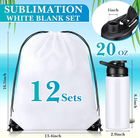 12 مجموعة من زجاجات المياه المصنوعة من الألومنيوم سعة 20 أونصة وأكياس برباط التسامي، زجاجة مياه رياضية بيضاء فارغة مع حقيبة ظهر برباط من أجل الأعمال اليدوية والسفر والتخييم والتنزه في صالة الألعاب الرياضية in Kuwait