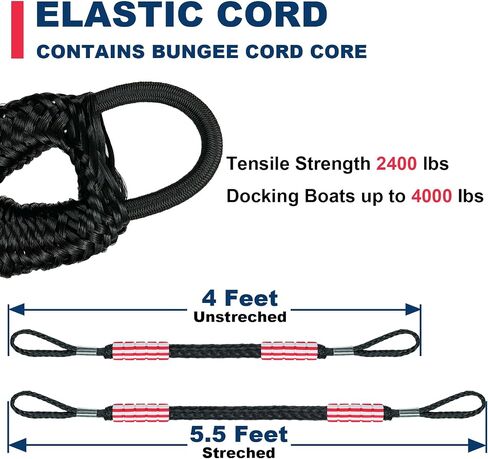 2PCS Dock Lines 4FT Premium Bungee Boat Lines Boat Accessories Mooring Ropes Docking Line for Jet Ski or PWC or Other Boats Easy Boarding(Black&Red&Blue, 4Feet) in Saudi Arabia