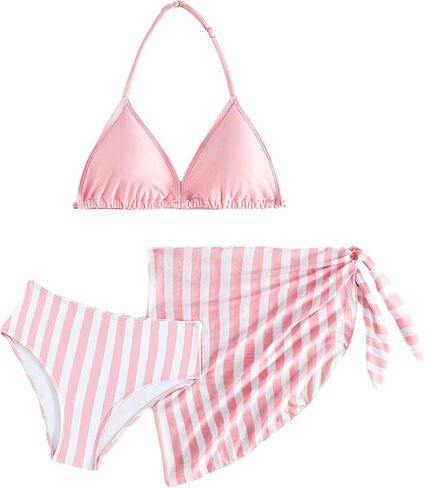 WDIRARA Girl's 3 Pieces Swimsuit Cute Striped Swimwear Halter Triangle Bikini Bathing Suit with Cover Up Skirt in Saudi Arabia