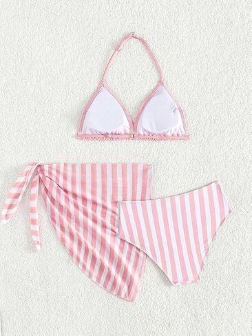 WDIRARA Girl's 3 Pieces Swimsuit Cute Striped Swimwear Halter Triangle Bikini Bathing Suit with Cover Up Skirt in Saudi Arabia